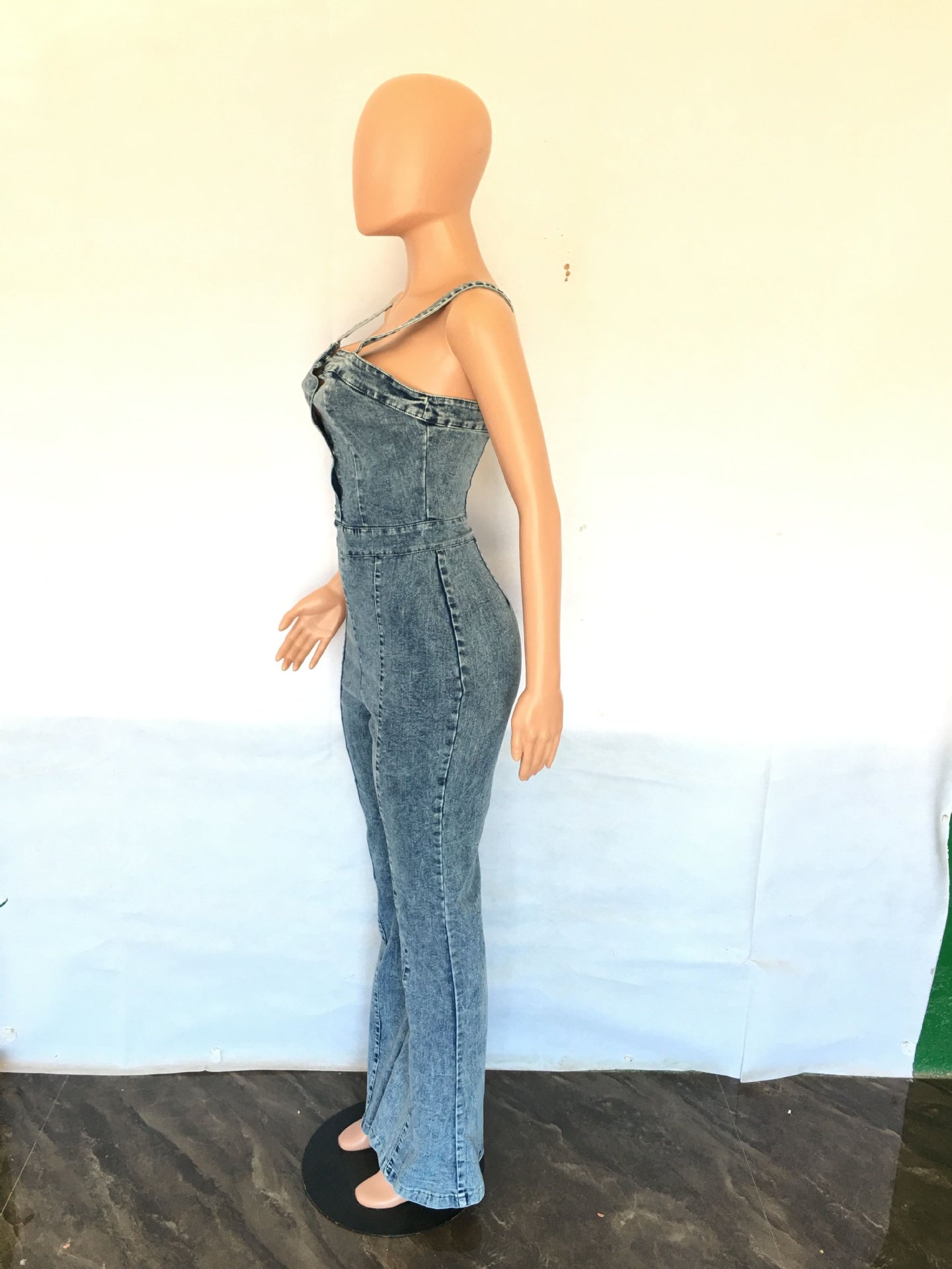 Fashionable casual sexy shoulder strap denim jumpsuit