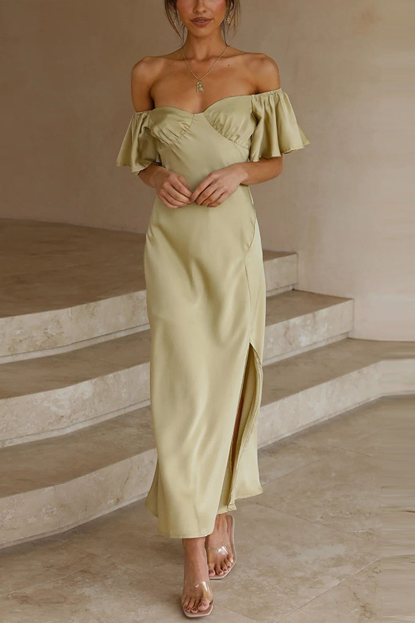 Satin Short Sleeves Sexy One Line Neck Pleated Dress