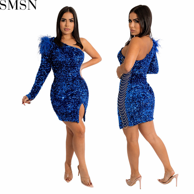 Casual Dress Fashion sexy single shoulder sequins split hip show figure dress