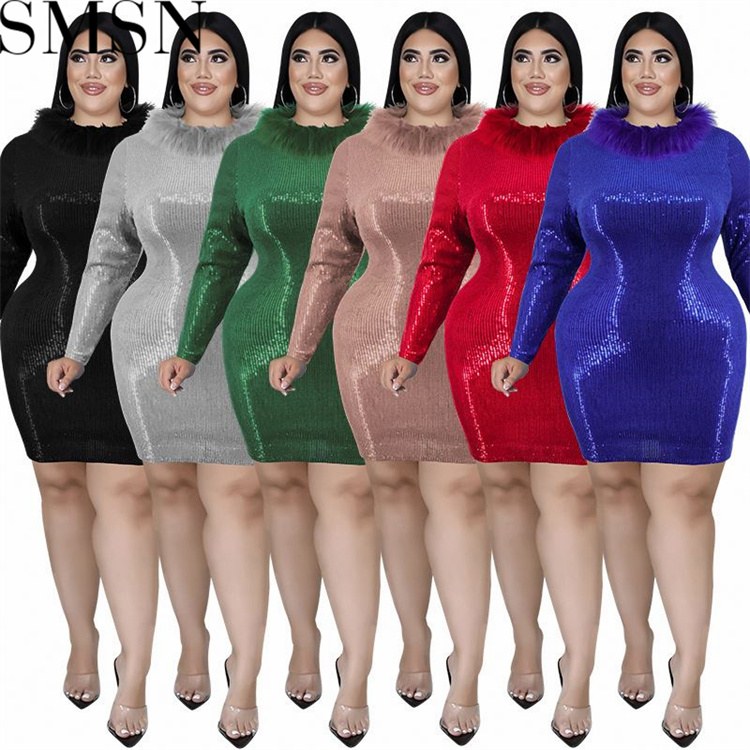 Plus Size Dress large size fall fur collar Velvet Bottom embroidered sequined dress