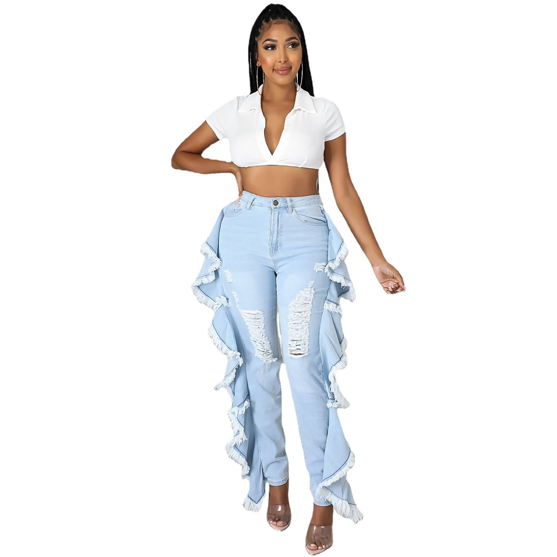 Tassels wash holes slim sexy jeans