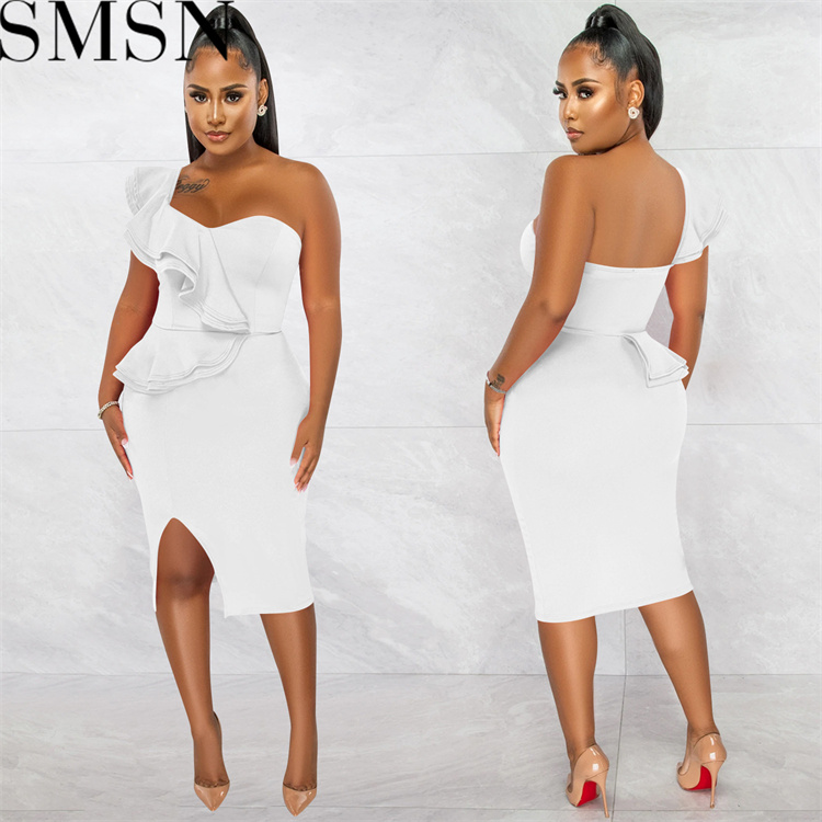 Plus Size DressFashion casual ruffled split one shoulder sleeve dress