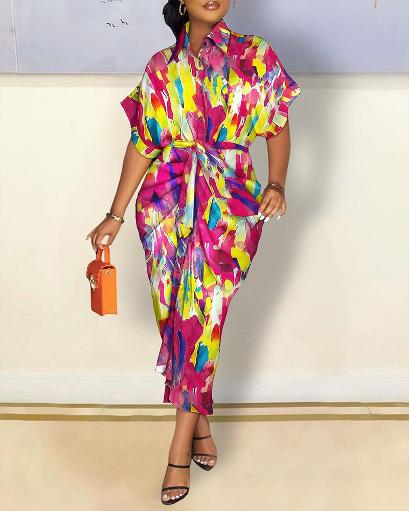 Long Sleeved V-Neck Button Printed Shirt Dress