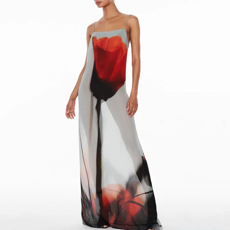 Printed Perspective Strap One Line Neck Long Dress