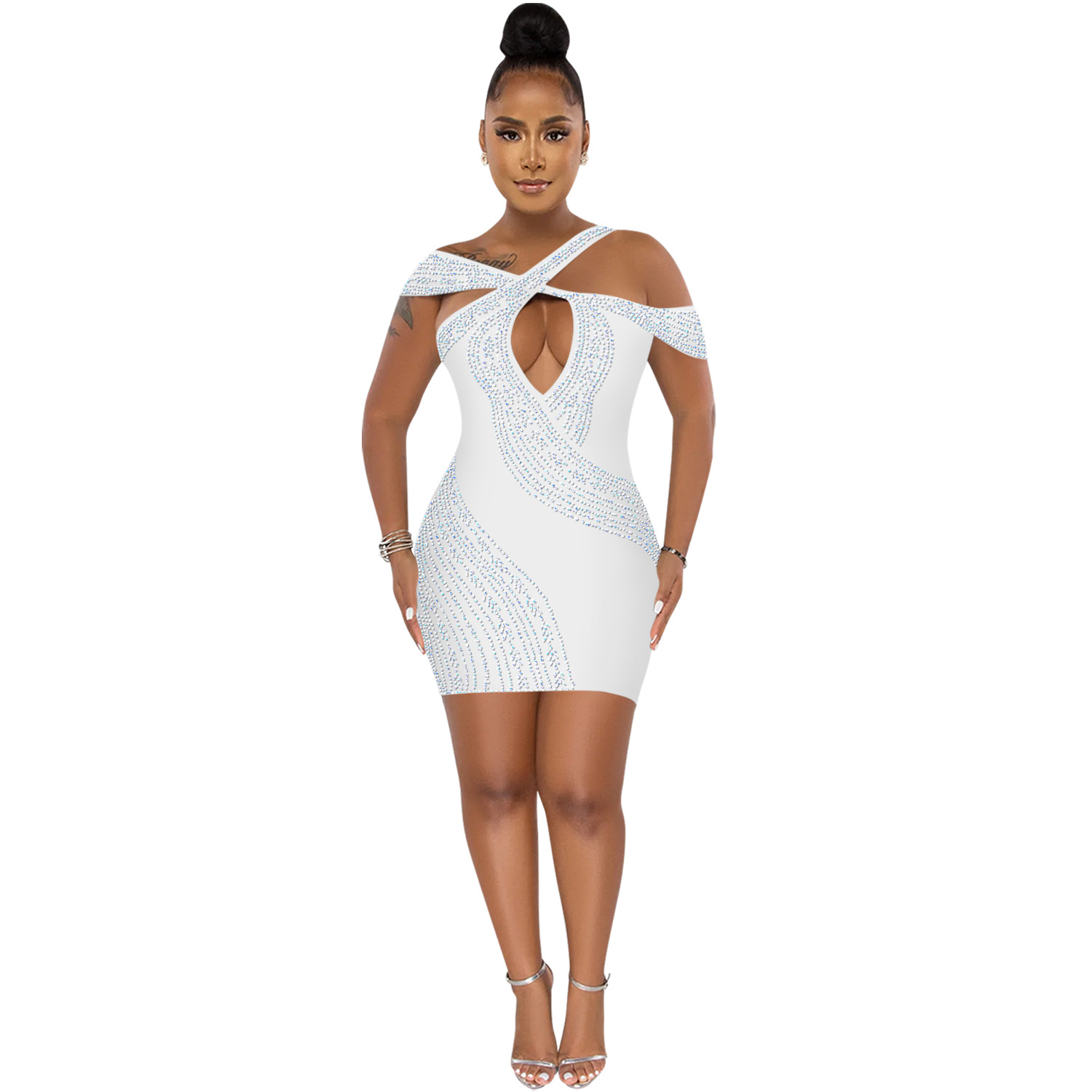 Prom Dresses 2022 fashion sexy nightclub hot rhinestone hollow midi dress