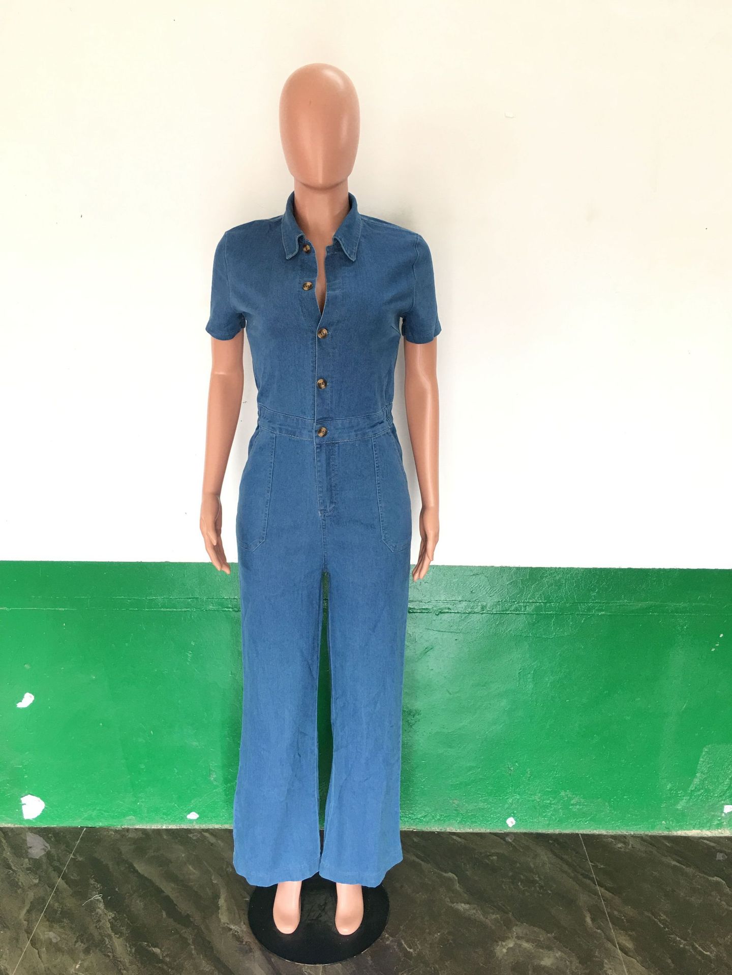 Sexy and fashionable denim jumpsuit short sleeved wide leg pants