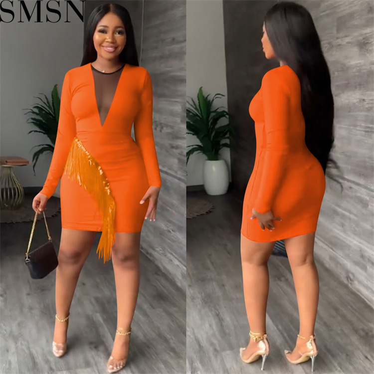 Plus Size Dress nightclubs rhinestone mesh see through sexy tassel hip wrapped mid length skirt dress