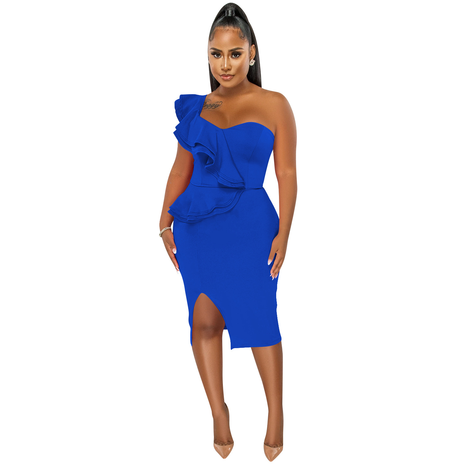 Plus Size DressFashion casual ruffled split one shoulder sleeve dress