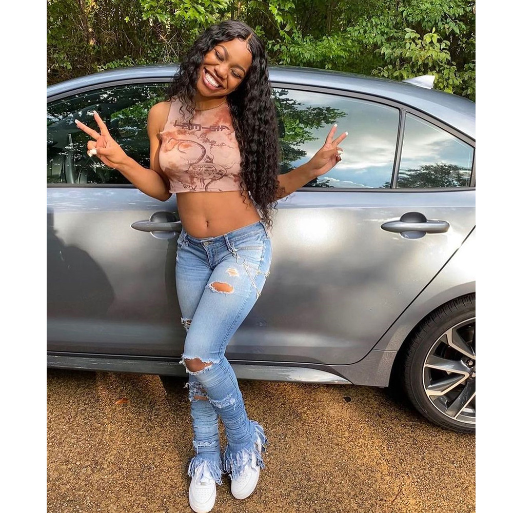 Hole flow comb pile pants jeans