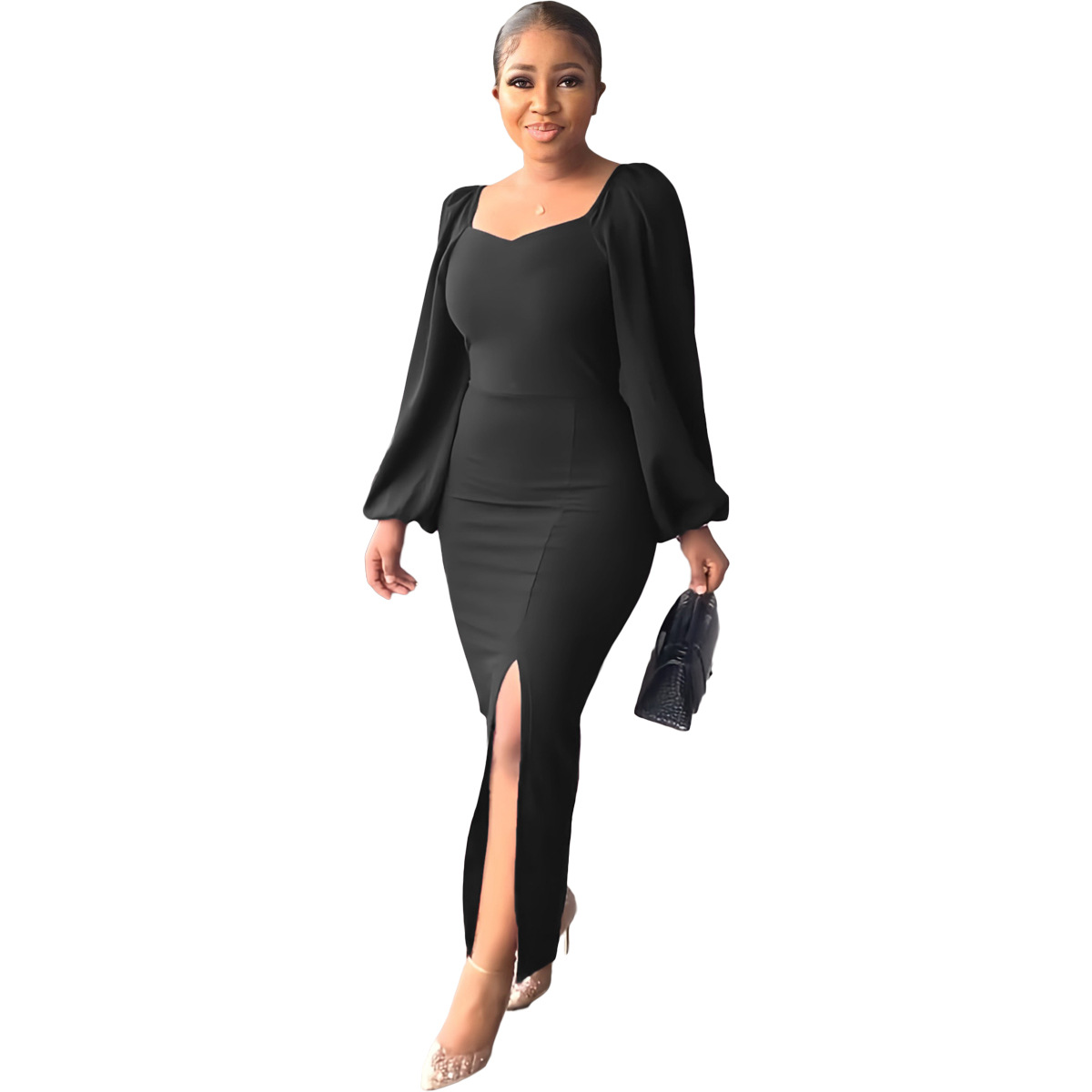 Fashion dress for women chiffon sleeves backless zipper sexy sheath split dress
