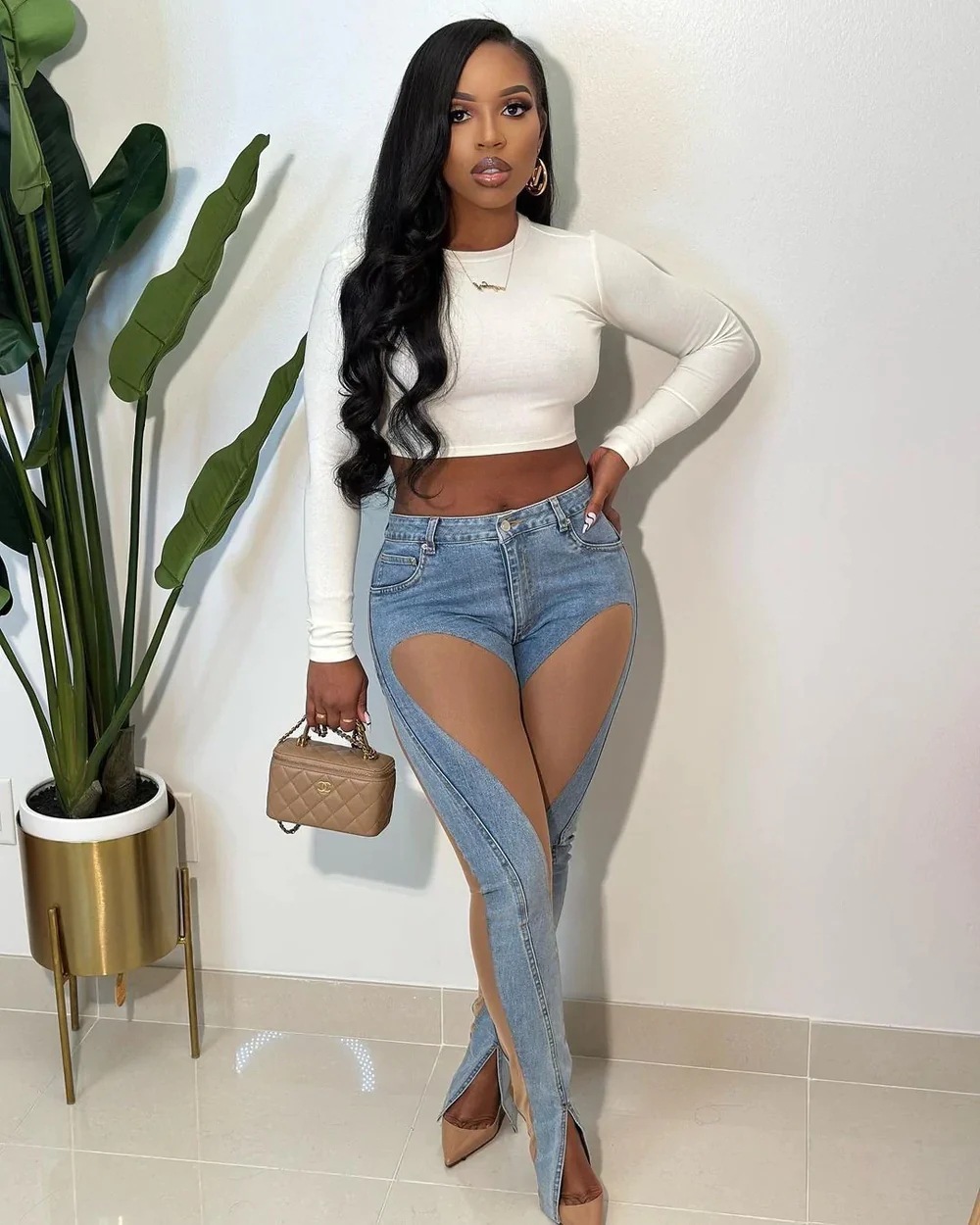 Fashion Mesh Sand Combination Elastic Slim Fit Hip Lift Jeans