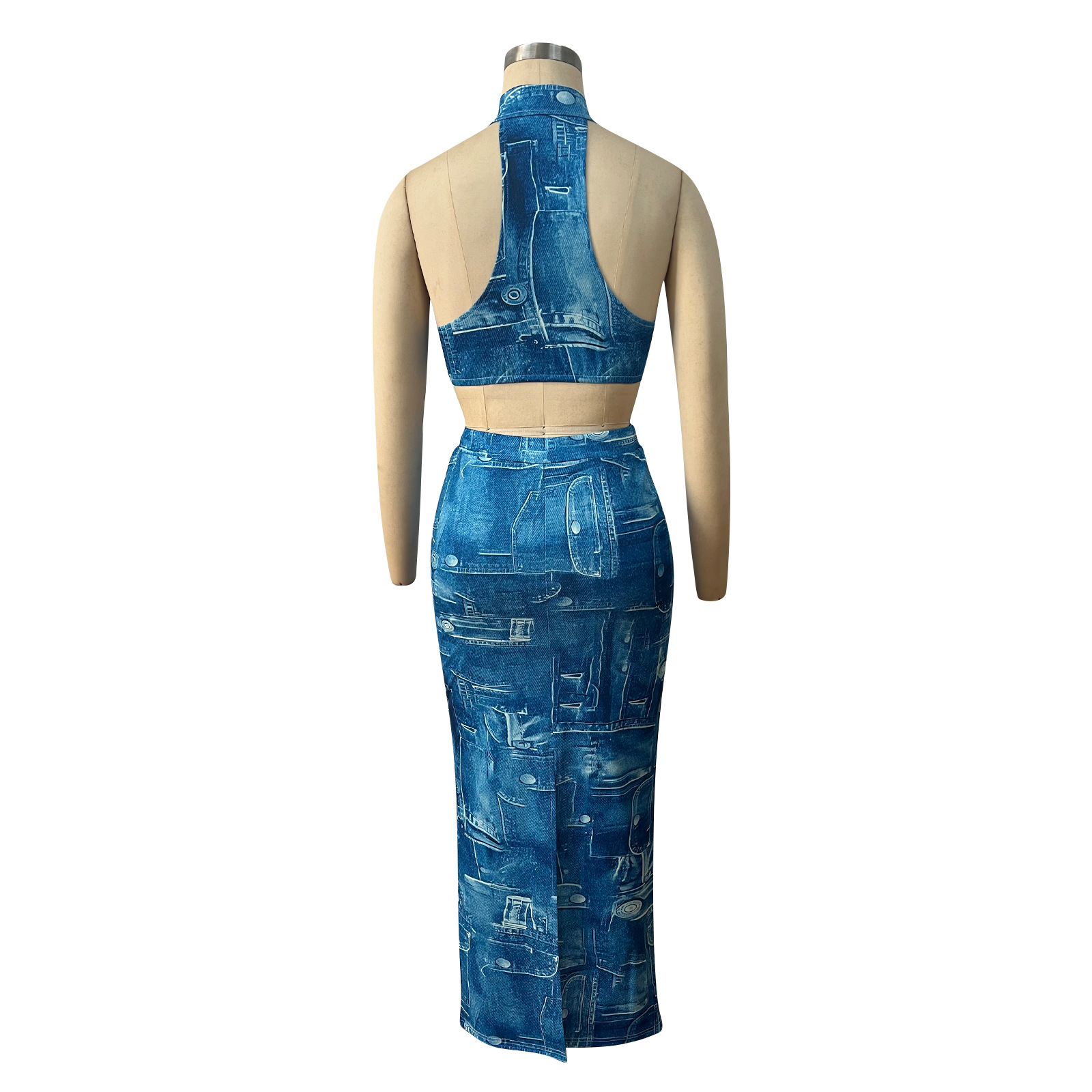 Denim print hanging neck wrap chest open back skirt suit