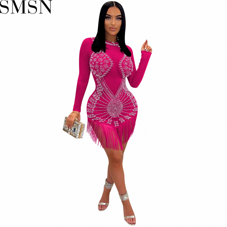 Casual Dress fashion nightclub hot drilling mesh see through silk long sleeve short dress