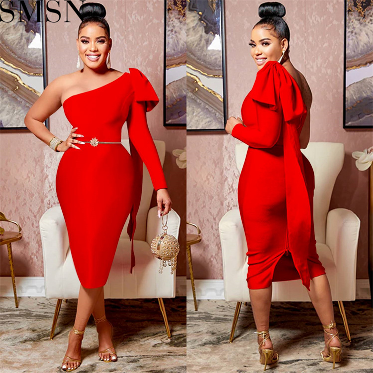 Fashion women dress Amazon women wear new diagonal collar single long sleeve bowknot ribbon dress