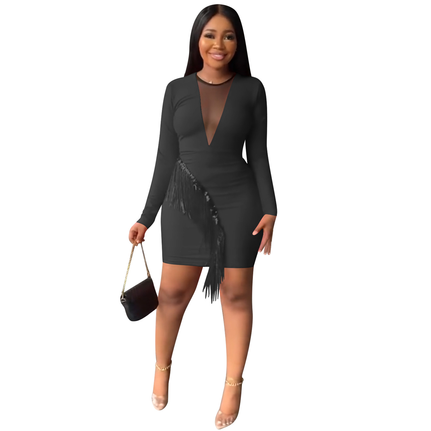 Plus Size Dress nightclubs rhinestone mesh see through sexy tassel hip wrapped mid length skirt dress