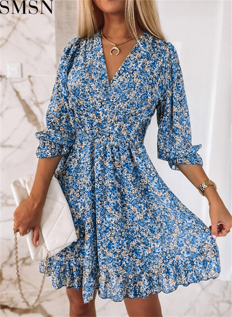 Mid-skirt pullover print short sleeve puff sleeve mid-waist floral dress plus size casual dress