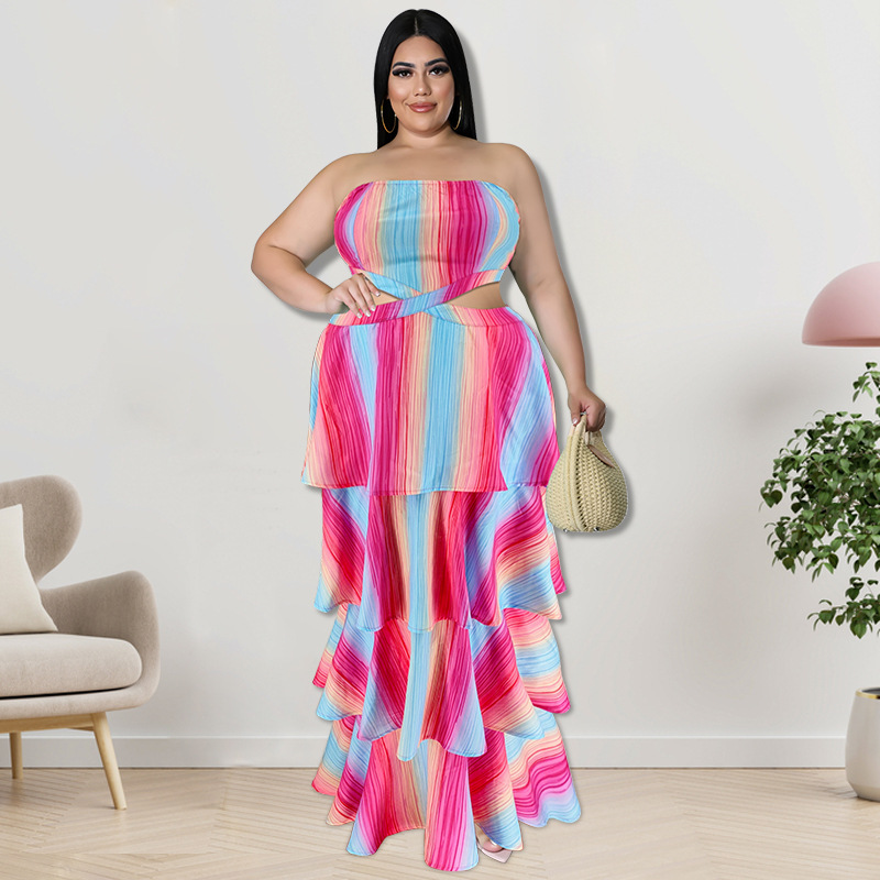 Plus Size Dress Wholesale Tube Top Vertical Bar Large Swing Dress