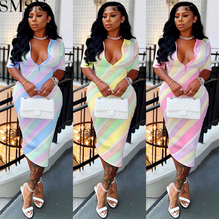 Casual Dress digital stripes contrast color positioning printing skinny V neck button sexy dress