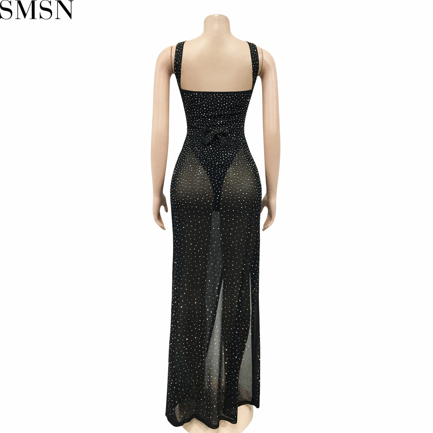 Plus Size Dress new fashion style nightclub mesh hot drilling sexy hollow-out camisole split maxi dress