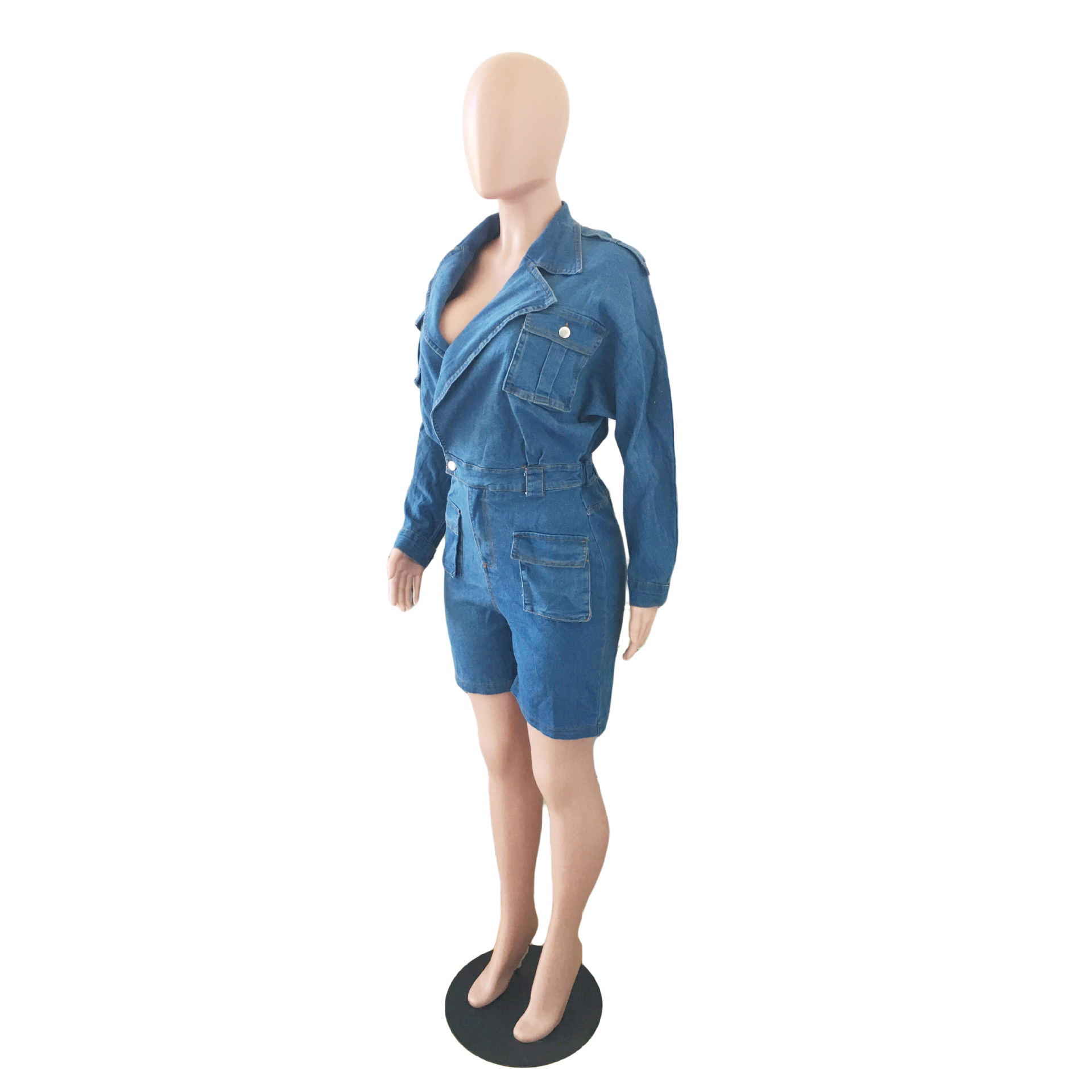 Washed casual denim one-piece shorts