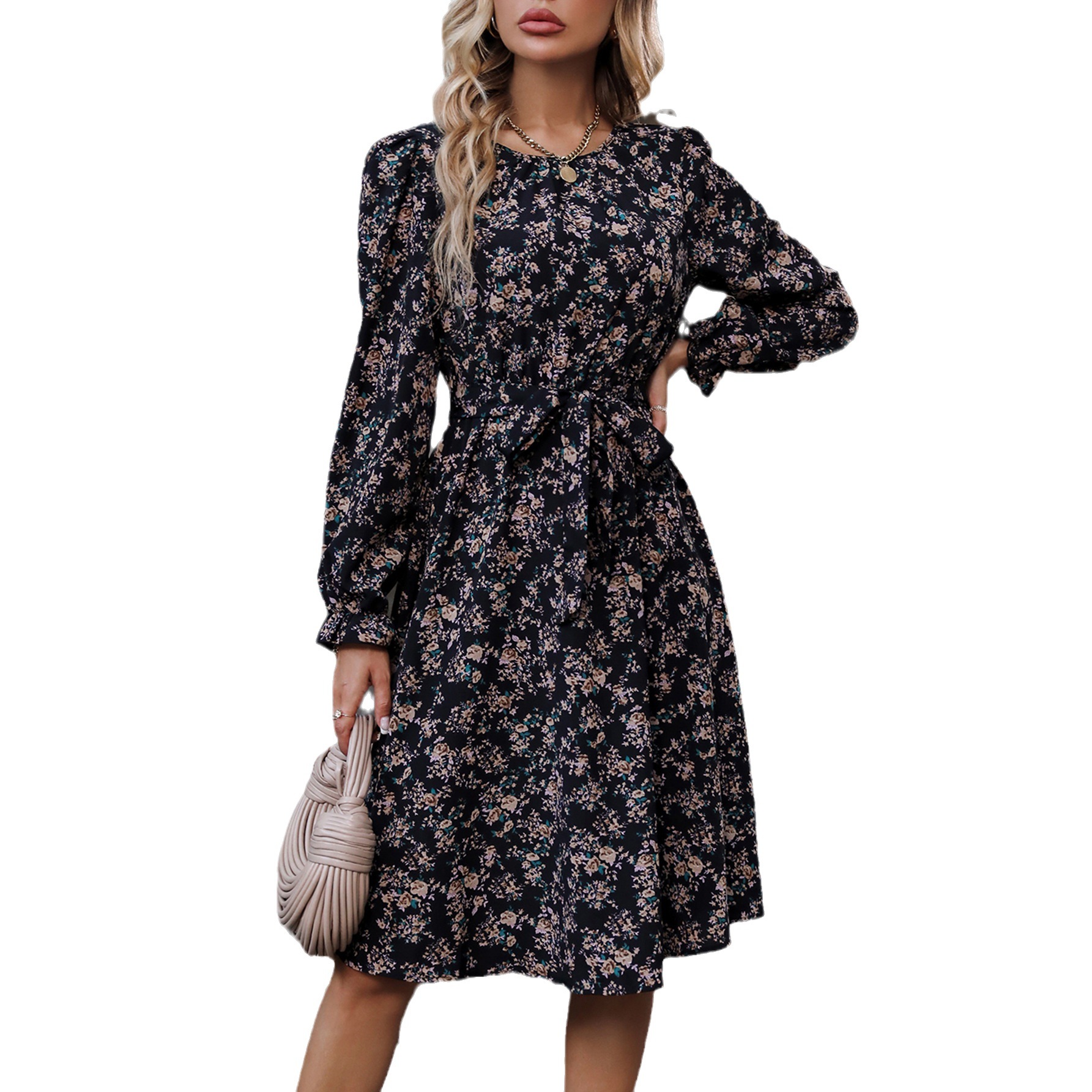 Autumn Women'S V-Neck Long Sleeved Floral Dress