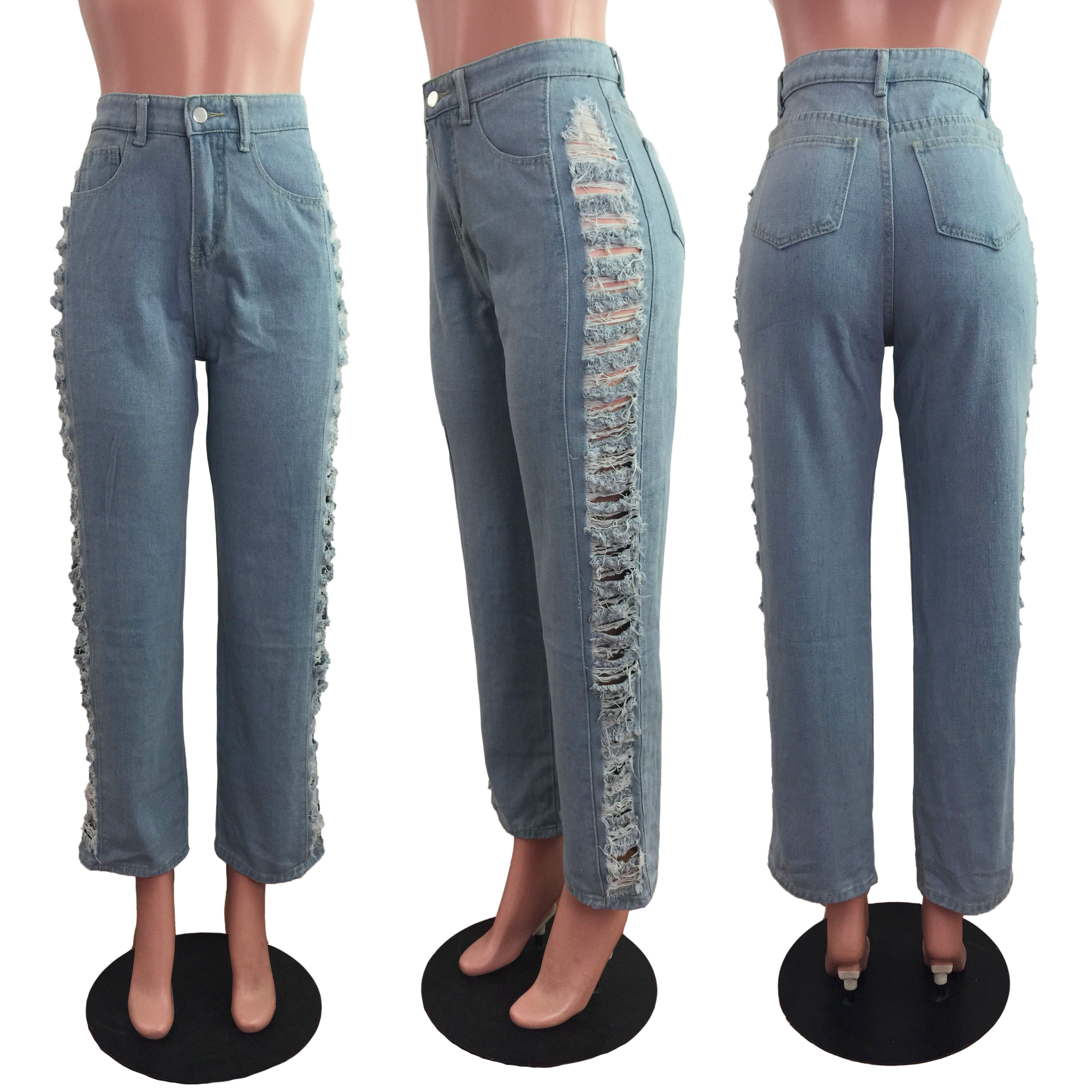 Fashion denim straight cut hole jeans