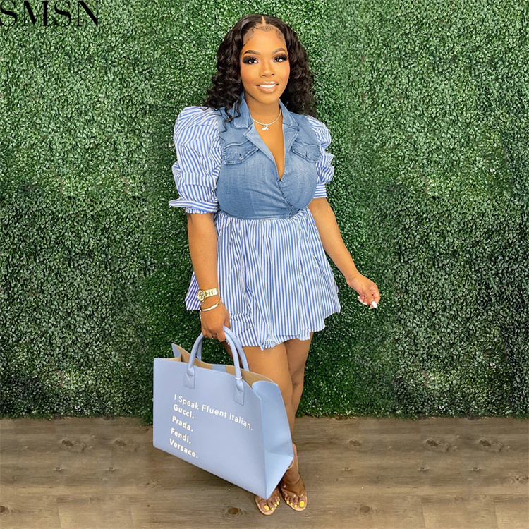 Fashion women dress striped digital printing patchwork stand up collar denim dress