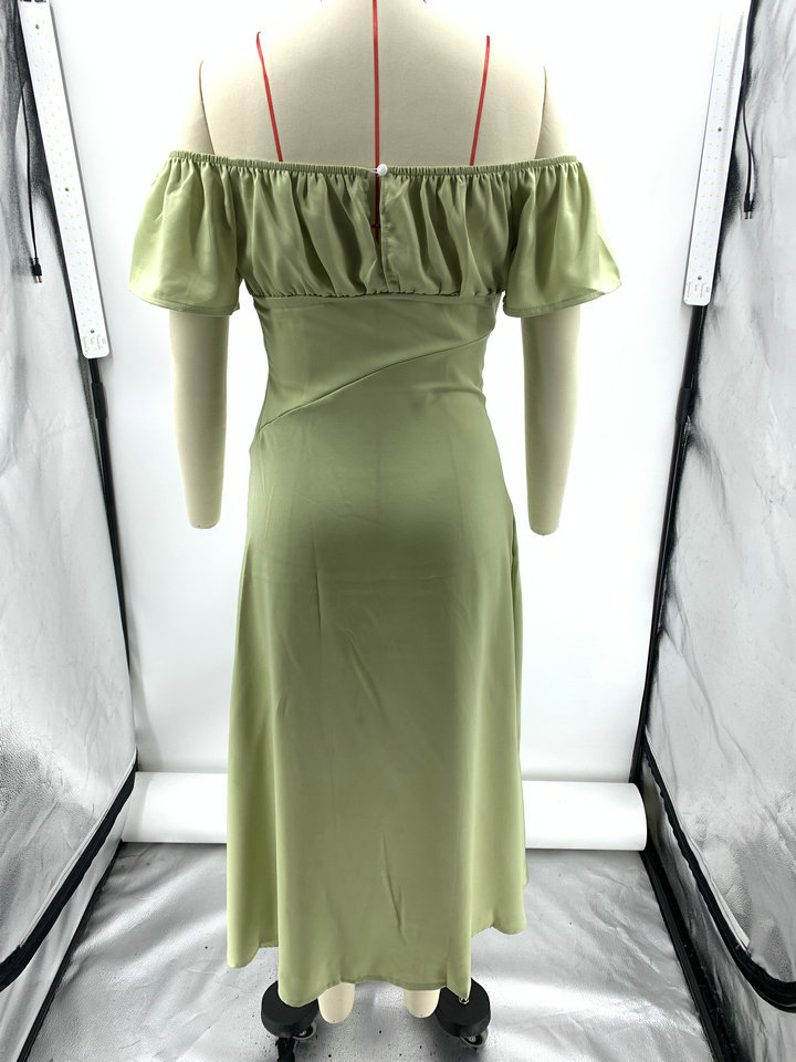 Satin Short Sleeves Sexy One Line Neck Pleated Dress