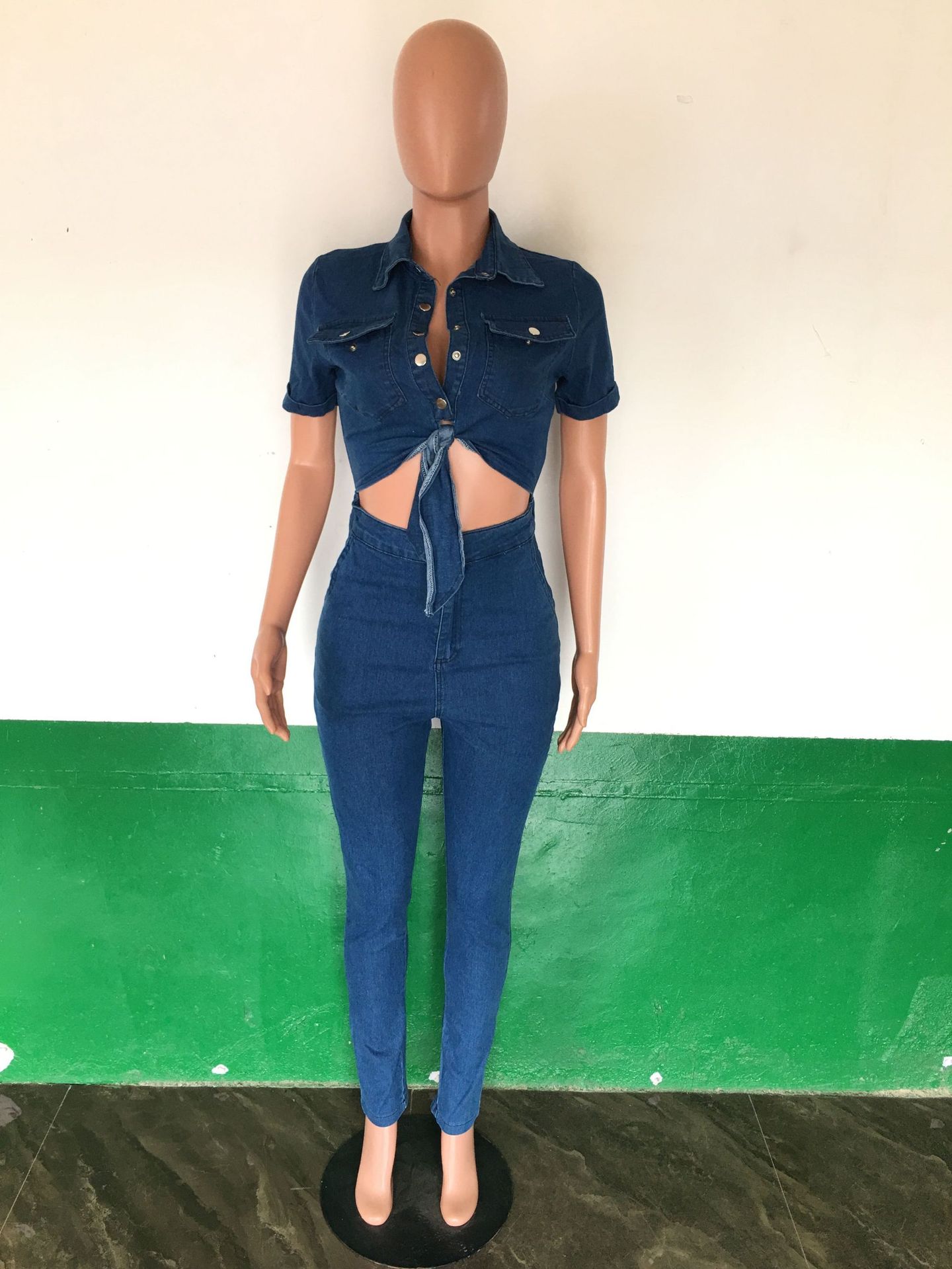Sexy slim fitting fashion short sleeved denim jumpsuit