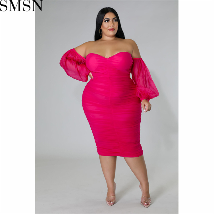 Plus Size Dress autumn new large size women dress skinny mesh pleated long sleeve one step dress