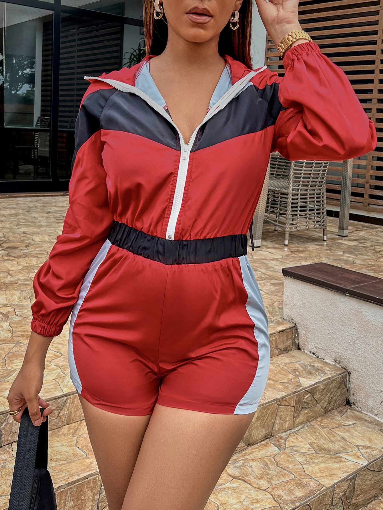 Casual multi panel zipper one-piece shorts