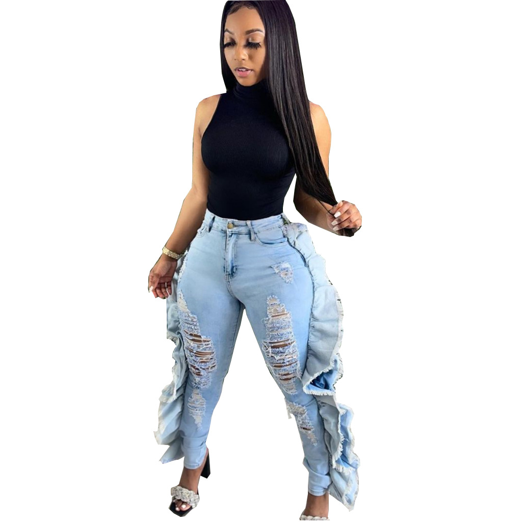 Sexy pierced elastic jeans Leggings
