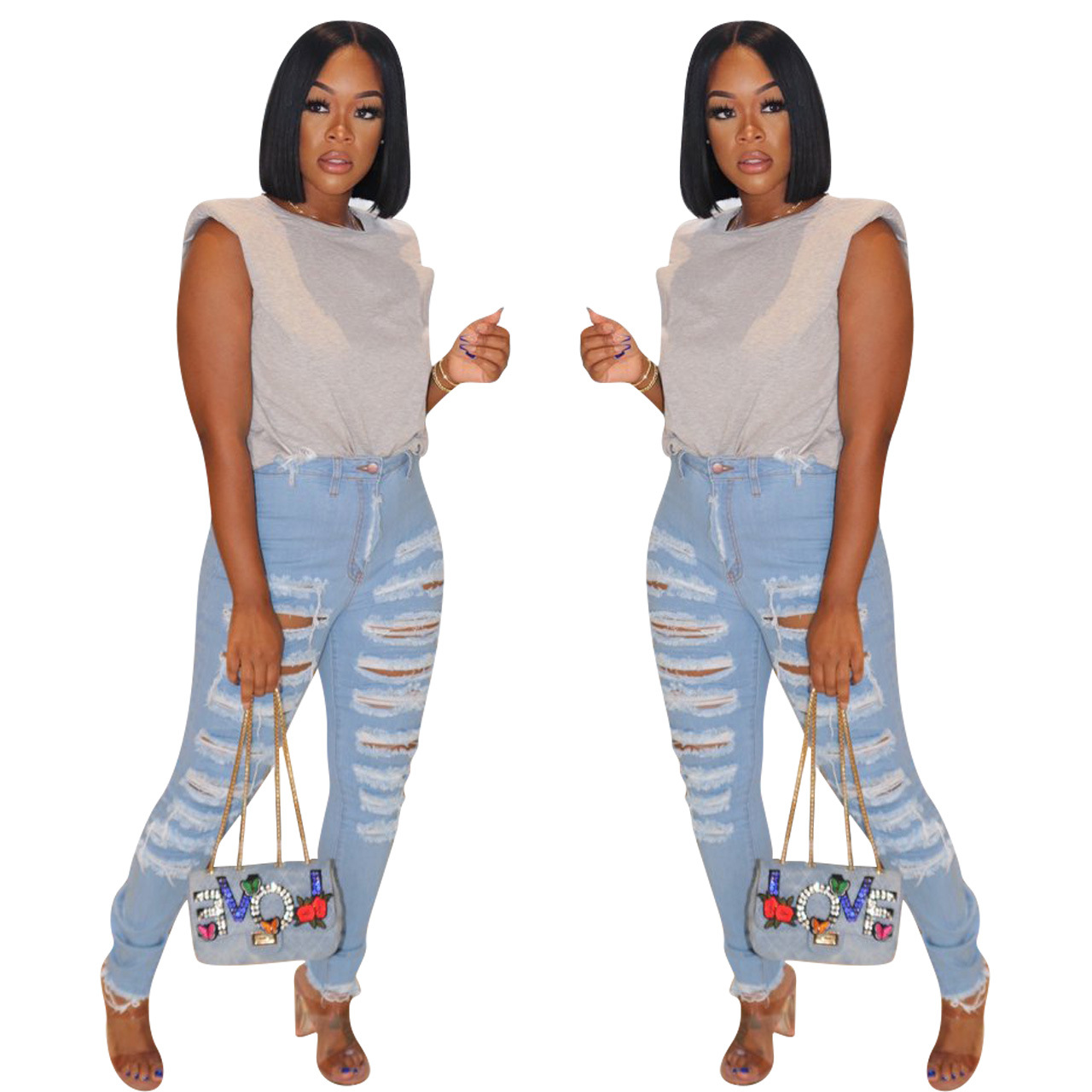 Casual fashion washed torn jeans