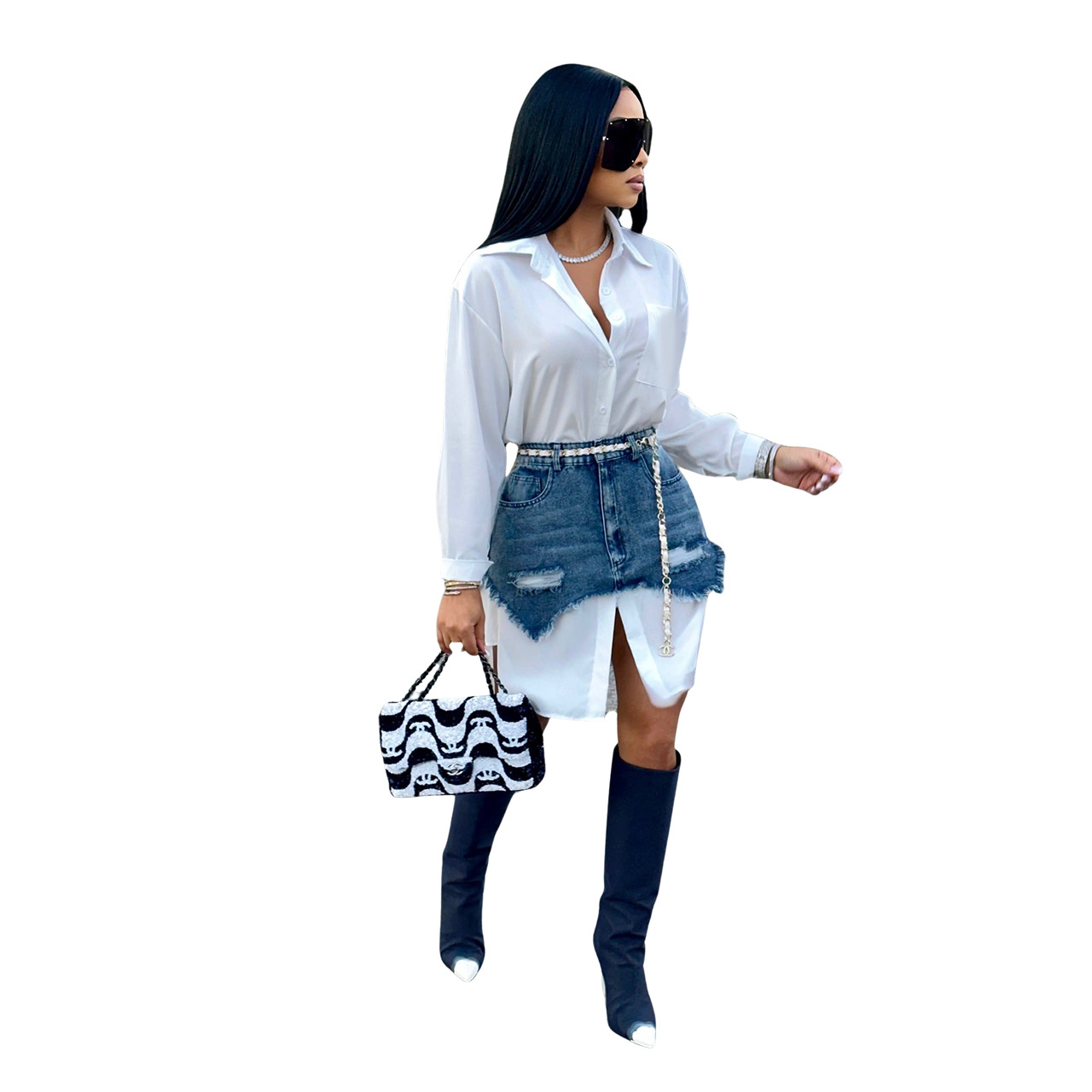 Fashion Denim Nimi Skirt Long Sleeve Casual Shirt Dress 2 Piece Set