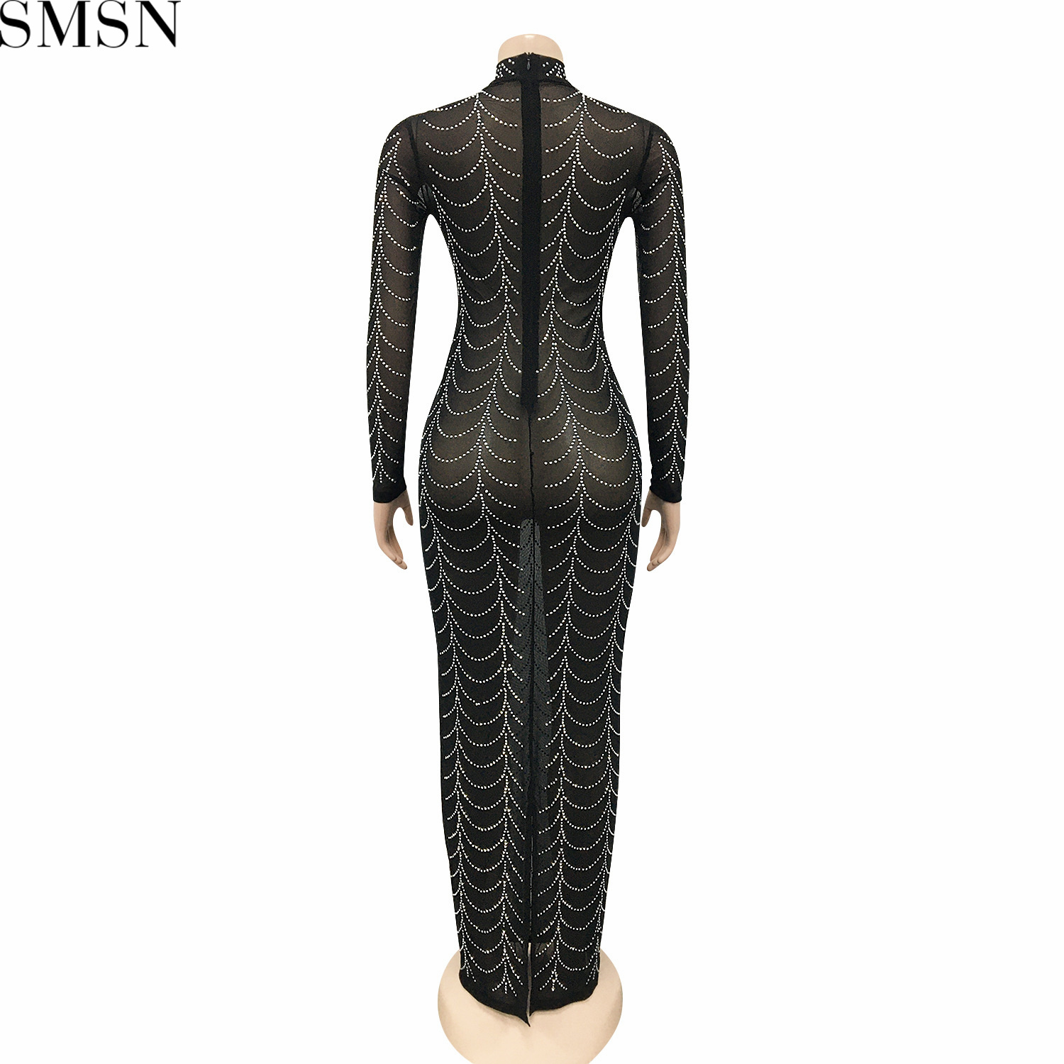 Plus Size Dress fashion new sexy nightclub hot rhinestone mesh see-through long sleeve dress
