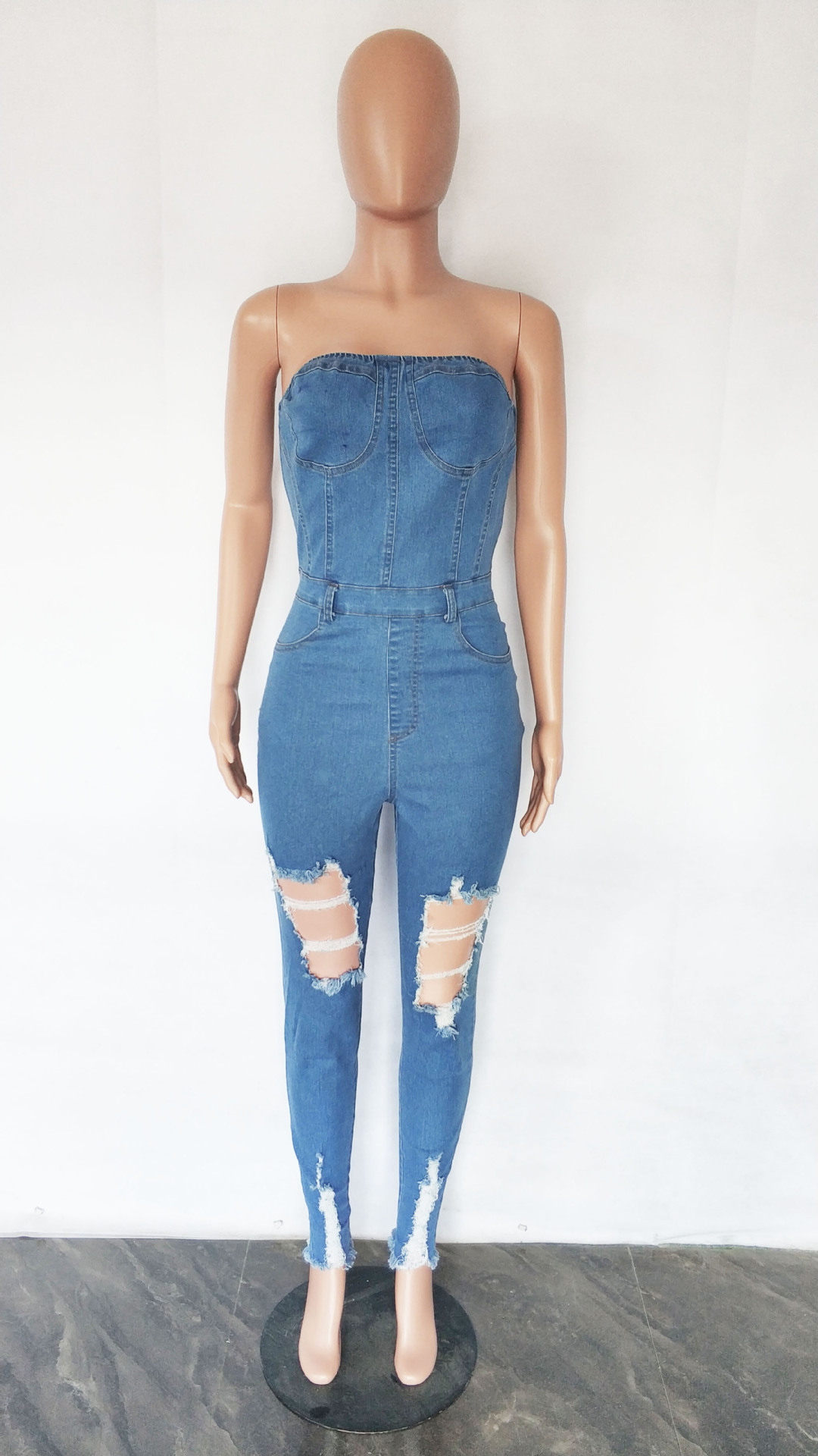 Fashion perforated Strapless jeans Jumpsuit