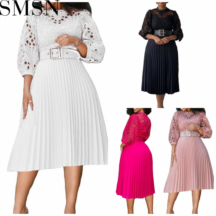 Plus Size Dress Puff Sleeve Lace Party Wear Belt Plus Size Autumn Women Pleated Dress