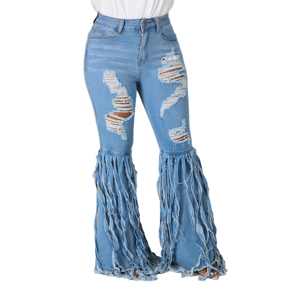 Sexy fashion tassel pierced elastic flared pants