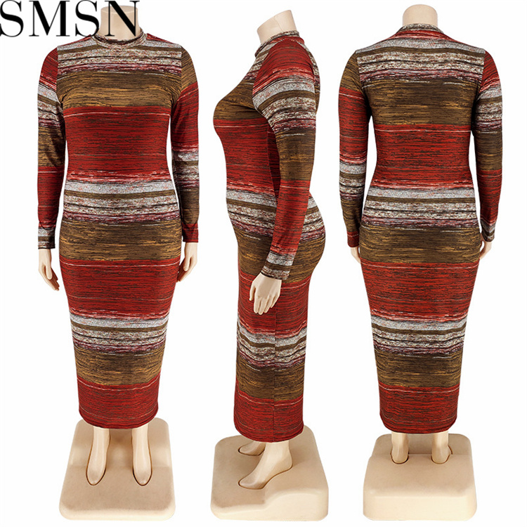 Plus Size Dress European and American fall women clothing wholesale supply long sleeve horizontal stripe dress