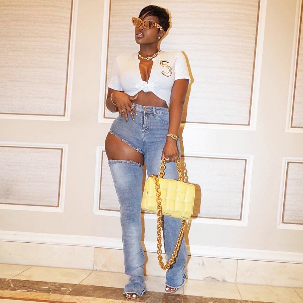 Denim high waist straight fitting trousers