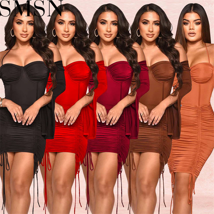 Plus Size Dress Amazon European and American fashion women lace up long sleeve skirt dress