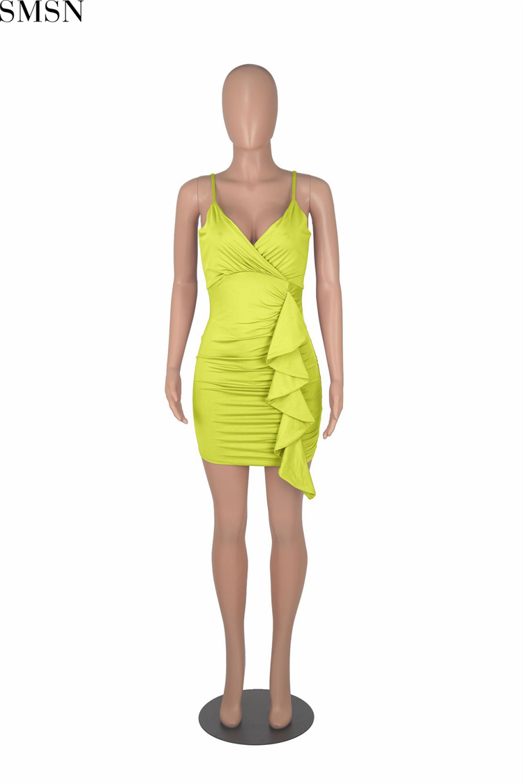 Fashion women dress sexy ruffled V neck topless sling bag hip nightclub dress
