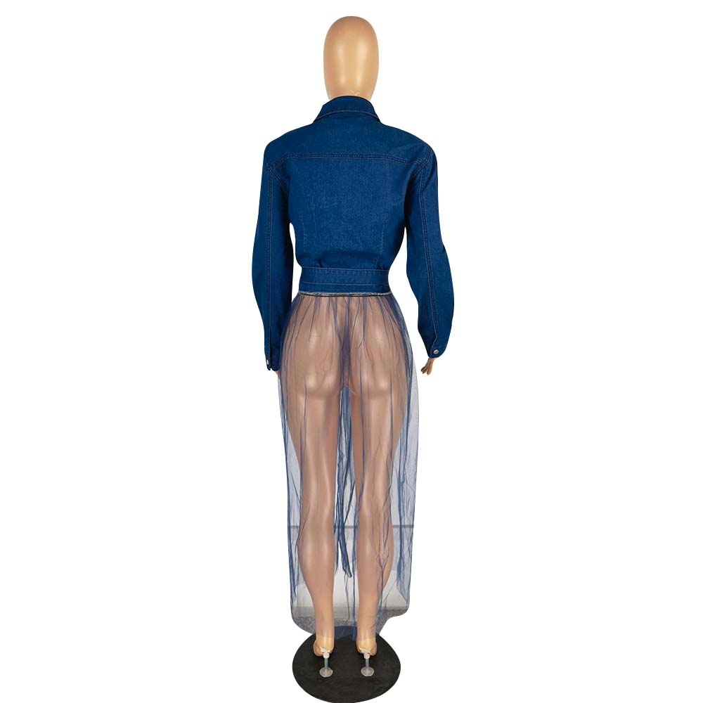 Denim stitched mesh long windbreaker