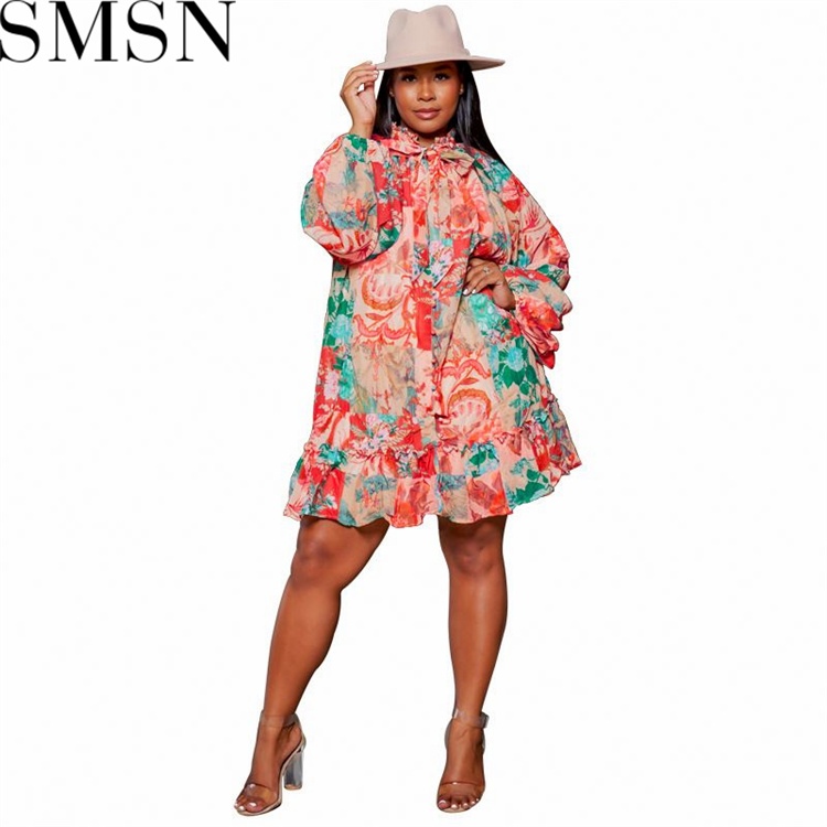 Plus Size Dress Printed Lotus Collar Sexy Woven Large Swing Skirt with Belt Large Size Women Dress