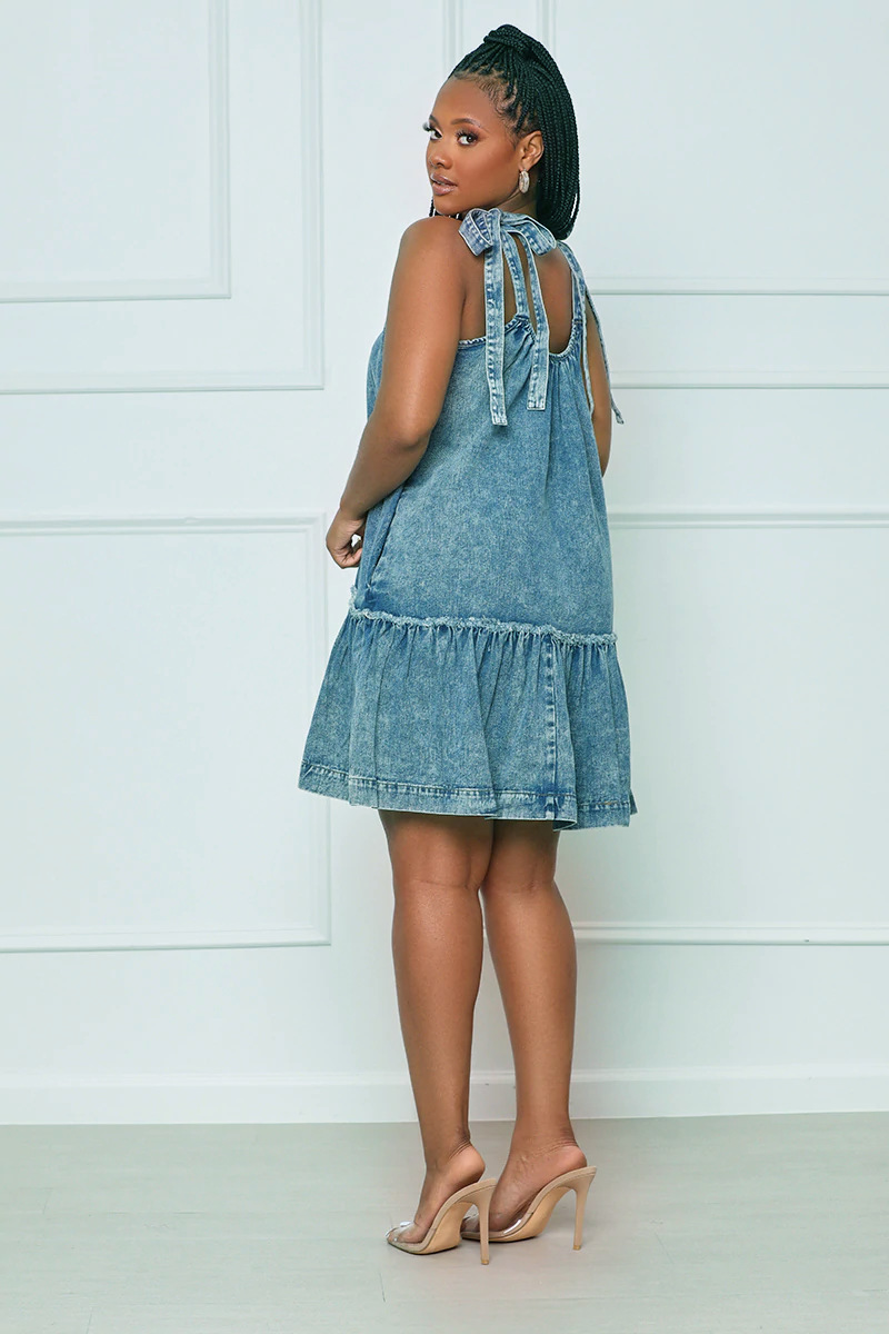 Women'S Solid Color Denim U-Neck Tie Dress
