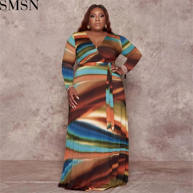 Plus Size Dress Amazon abstract printing with belt deep V neck fashion tight large size dress