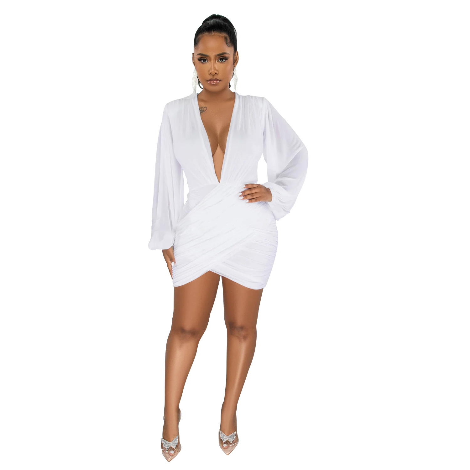 Women'S Solid Color Sexy V-Neck Long-Sleeved Pleated Dress