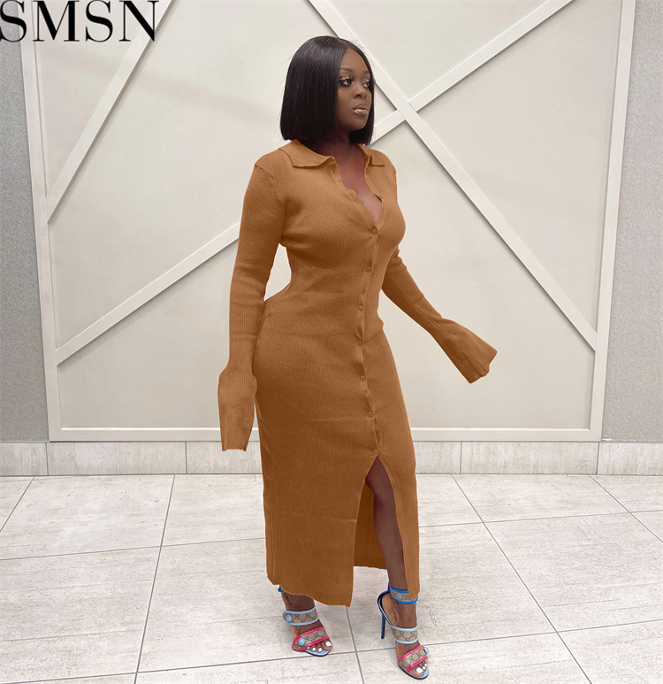 Fashion women dress Amazon long sleeve V neck long button bell sleeve dress sweater