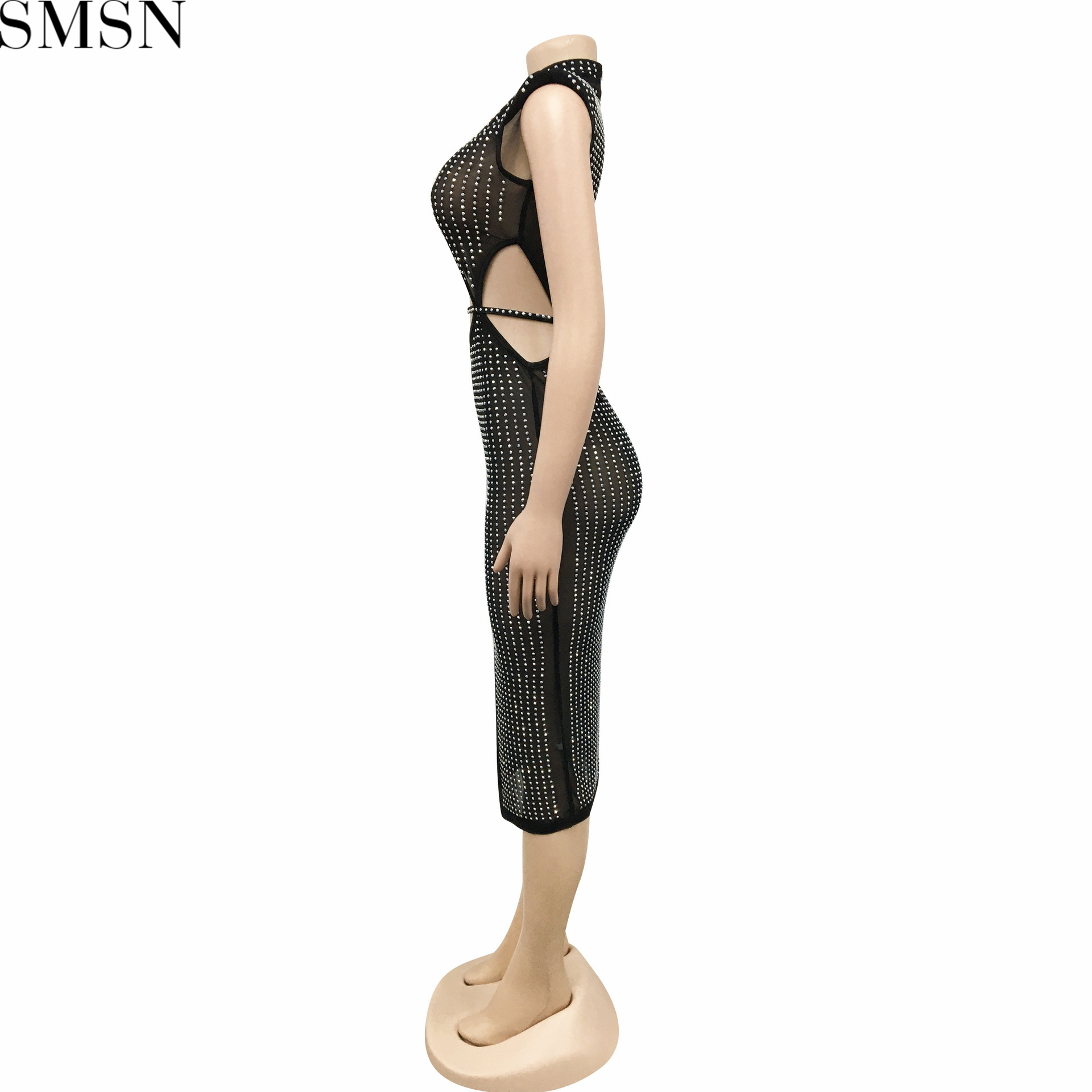 Fashion women dress sexy mesh see-through hot rhinestone hollow split dress women's clothing plus size casual dress