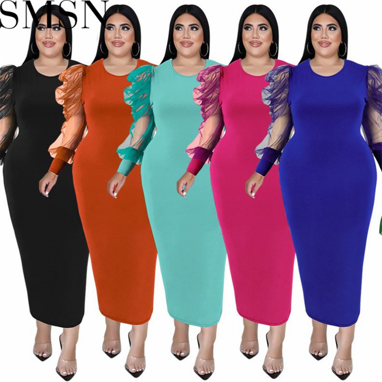 Plus Size Dress fall women clothing wholesale round neck long sleeve hit net dress